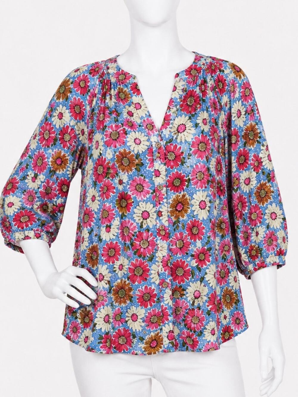 Umgee USA Floral Blouse Size Small Blue Pink Daisy Print 3/4 Sleeve Top